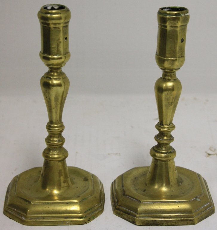 TWO SIMILAR 18TH C BRASS CANDLESTICKS, 7" HIGH,: SHAPED SQUARE BASES, 3 3/4".
