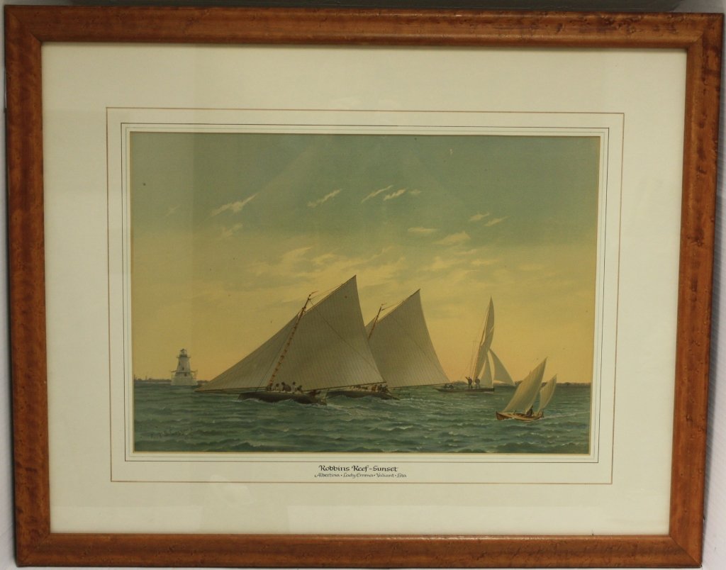 FREDERIC COZZENS (1846-1928, NY), SET OF 3 FRAMED: COLORED CHROMOLITHOGRAPHS, LATE 19TH C DEPICTING AMERICAN'S CUP RACING SCENES TO INCLUDE THE EARLY RACERS, SIGNED LOWER LEFT, DATED '84. BY SOU'WEST SPIT, SIGNED LOWER LEFT AND DATED '83. ROBBINS REEF