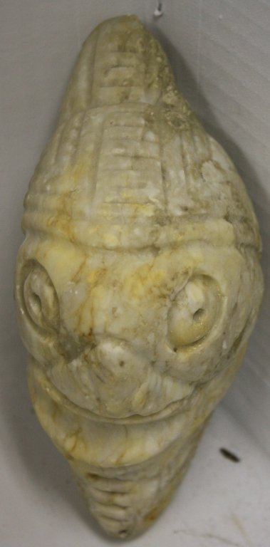 PRE-COLUMBIAN TAINO STONE ZEMI (GOD) 1300 AD -: 1500 AD, WHITE STONE WITH CALCITE DEPOSITS, 7" HIGH, 2 1/2" X 4".