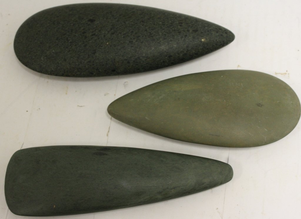 3 PRE-COLUMBIAN TAINO STONE TOOLS WITH SMOOTH: SURFACE, 6 1/2" TO 8" LONG.
