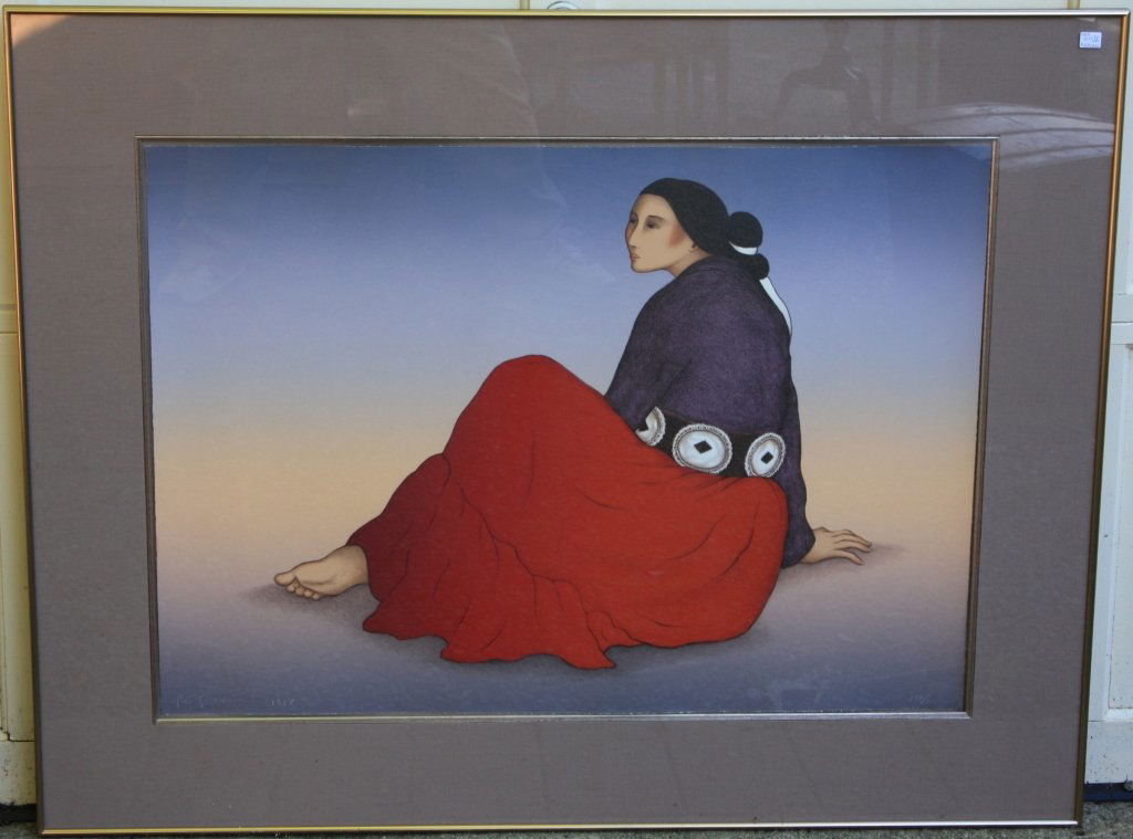 RUDOLPH CARL GORMAN (1931-2005), COLORED: LITHOGRAPH SEATED NATIVE AMERICAN WOMAN, SIGNED LOWER LEFT AND DATED 1987, #199/200, IN STEEL FRAME. 24 1/2" X 35".
