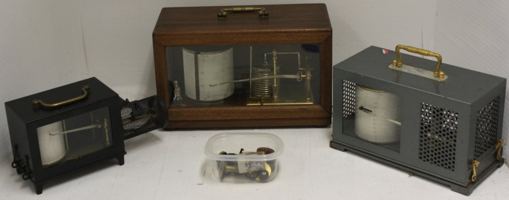 3 BAROGRAPHS TO INCLUDE A SHORT AND MASON, 20TH C,: LONDON, WOODEN AND GLASS CASE, 7 1/2" HIGH, 12 1/4" WIDE, 6 1/4" DEEP. A SHORT AND MASON, 20TH C, LONDON, TAYLOR WHITE CANISTERS, 6" HIGH, 10" WIDE, 4 3/4" DEEP. AND A BREVETES S. G. D. G., EARLY 20TH
