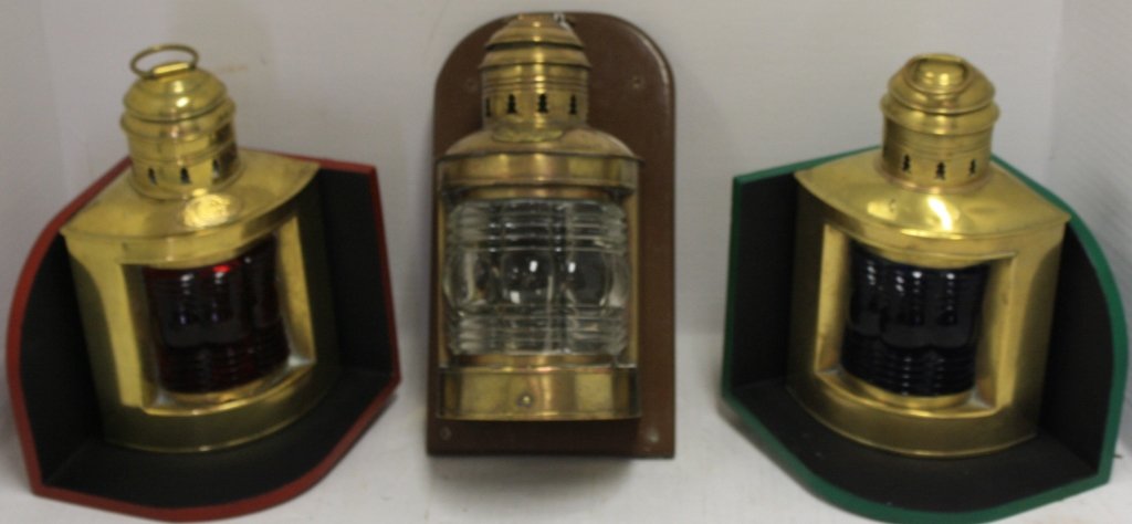 3 BRASS SHIPS LANTERNS, ALL BY SIMPLEX, PORT,: STARBOARD AND CLEAR. ALL WITH MOUNTING BOARDS. 12" TO 12 1/2" HIGH.