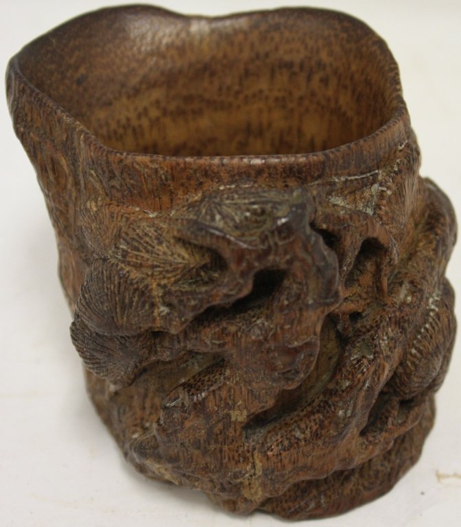 EARLY CARVED CHINESE LIBATION CUP FROM A GOURD.: 3" HIGH, 3 1/4" WIDE. MING TREE DESIGN.