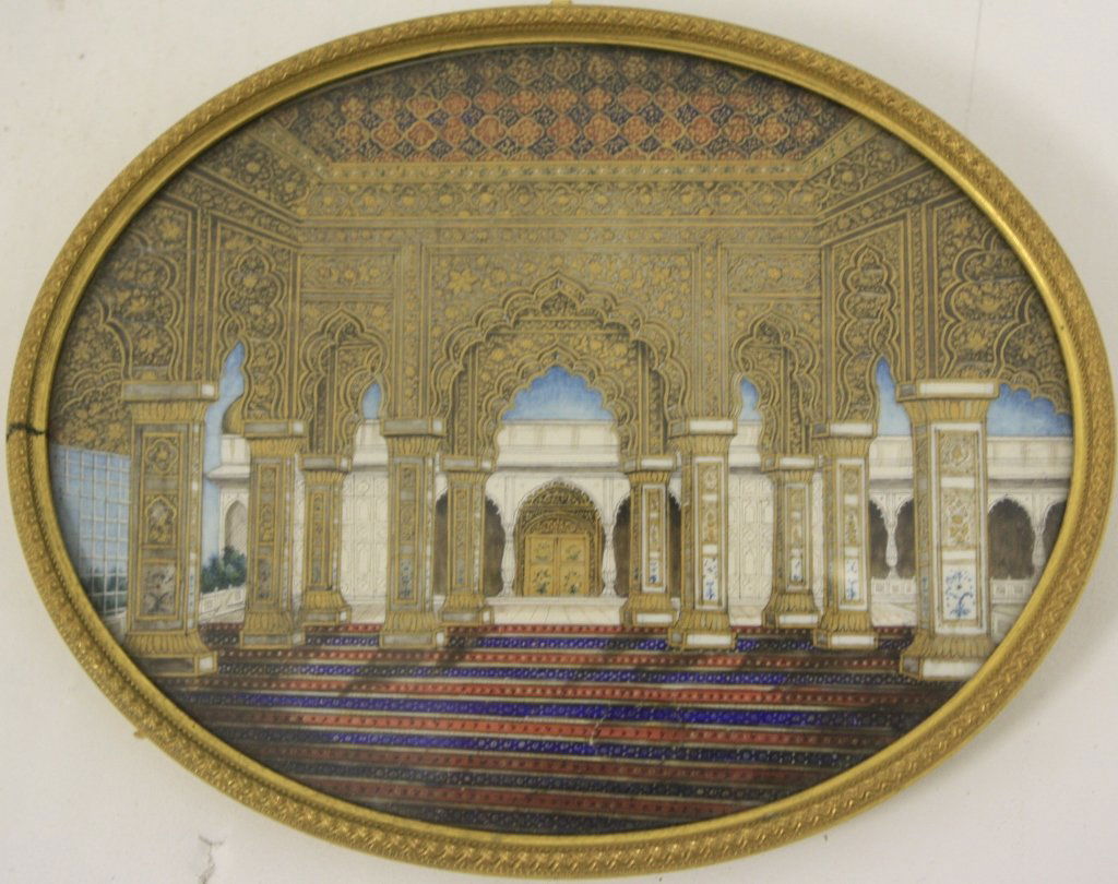 MINIATURE PAINTING BROUGHT FROM INDIA BY GENERAL: SIR CHARLES NAPIER G C B IN 1848 DEPICTING THE INTERIOR OF AN INDIAN PALACE. IN A PERIOD BRASS OVAL FRAME. 4 1/4" X 5 3/8". GLASS ON REVERSE IS CRACKED.