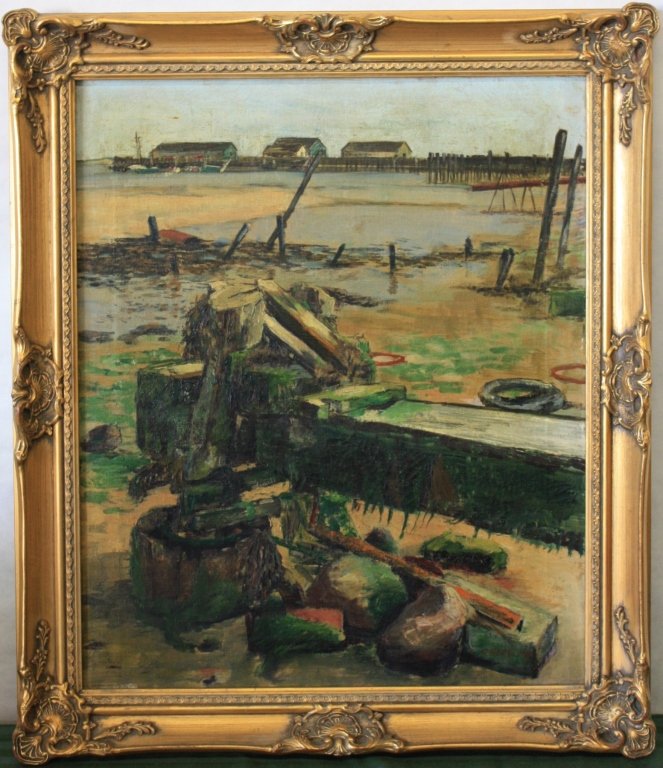 ROBERT BERGLUND (PROVINCETOWN ARTIST), OIL: PAINTING ON CANVAS, TITLED LOW TIDE, SIGNED LOWER RIGHT, DATED 1948. SIGHT SIZE 20" X 24". PROVINCETOWN ARTISTS ASSOCIATION LABEL ON VERSO. IN CARVED AND GILDED FRAME.