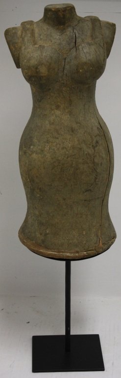 UNUSUAL 19TH C CARVED FEMALE TORSO ON CUSTOM MADE: METAL BASE. OLD SURFACE. FIGURE HEIGHT 16", OVERALL HEIGHT 25".