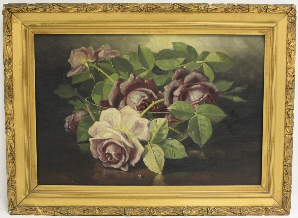 JOHN C. SPENCER (1861-1919, ACTIVE FALL RIVER, MA: AND RI, MEMBER OF PROVIDENCE ART CLUB), STILL-LIFE OF ROSES, SIGNED LOWER LEFT, DATED 1916. SIGHT SIZE 12 1/4" X 18". GILT FRAME SHOWS SOME DAMAGE. FROM BLOCK ISLAND, RI ESTATE.