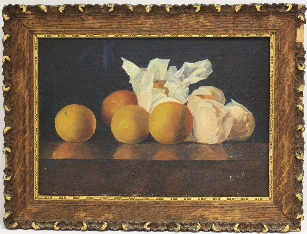 LATE 19TH C OIL PAINTING ON CANVAS, STILL-LIFE: DEPICTING ORANGES. INITIALED SIGNATURE LOWER RIGHT C.H.G. SIGHT SIZE 12" X 17". PERIOD FRAME SHOWS SOME DAMAGE.