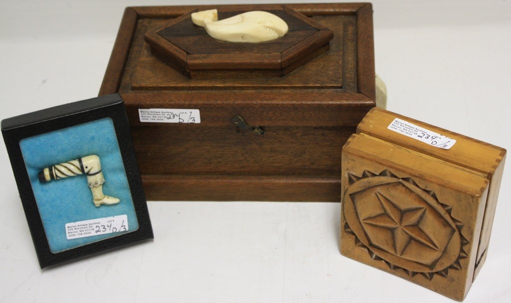 3 WHALING ITEMS TO INCLUDE A MINIATURE SEA CHEST: WITH CARVED WHALE AND BECKET HANDLES, 5" HIGH, 8" WIDE, 5" DEEP. A CHIP CARVED COVERED BOX, 1 3/4" HIGH, 3 3/4" WIDE, 4 1/4" DEEP AND A 19TH C SCRIMSHAW CARVED LADY'S LEG PARASOL HANDLE, 1 1/2" X 1 1/