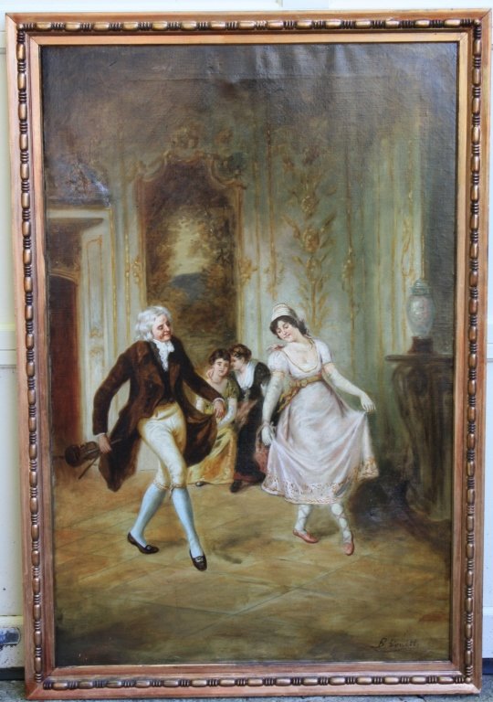 OIL PAINTING ON CANVAS SIGNED B. BONETTI, LATE: 19TH C, DEPICTING 18TH C INTERIOR SCENE WITH MUSICIAN AND DANCER. SHOWS 2 OLD REPAIRS. SIGHT SIZE 40" X 25 1/2". WITH FRAME 43 1/2" X 30 1/2".