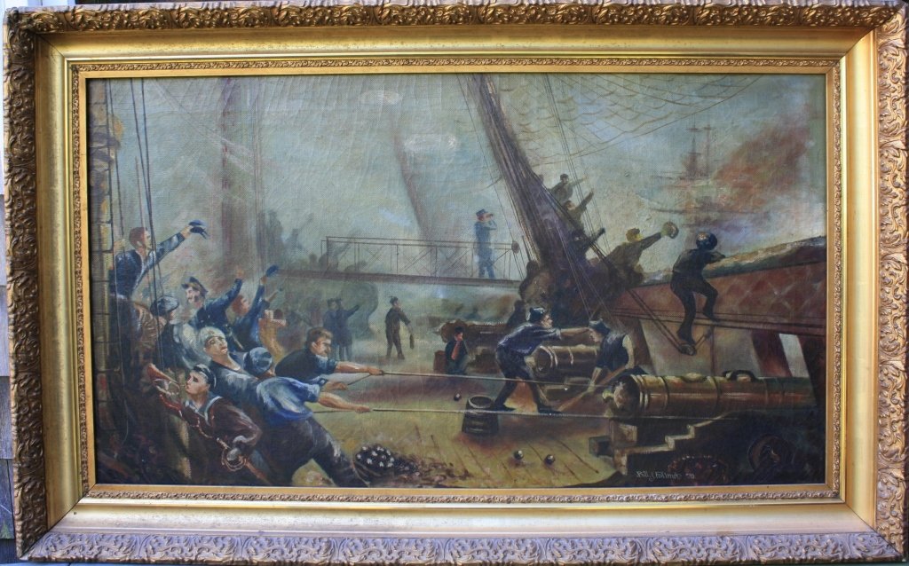 BILL FOLLMER, 1920, OIL PAINTING ON CANVAS: DEPICTING A CIVIL WAR NAVAL BATTLE, SIGNED LOWER RIGHT. SIGHT SIZE 19 3/4" X 35 1/4". IN ORIGINAL GILDED FRAME.