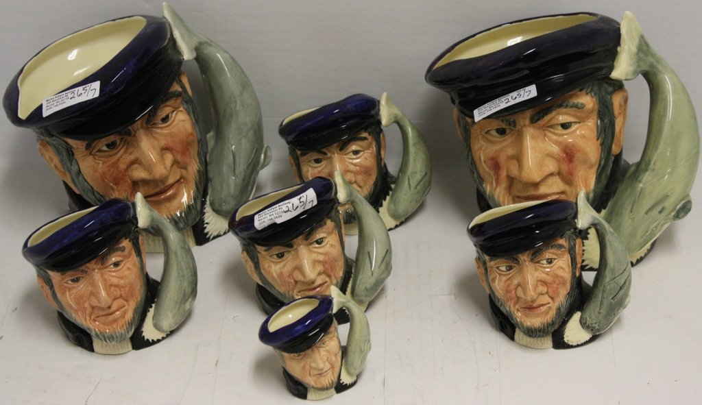 7 ROYAL DOULTON CAPTAIN AHAB MUGS, 2 1/2" TO 7": HIGH. GOOD CONDITION.