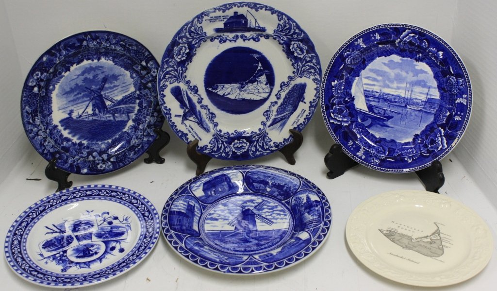 6 NANTUCKET TRANSFERWARE SOUVENIR PLATES,: 8 TO 10 1/4" DIAMETER. 5 ARE BLUE AND WHITE. ONE IS WHITE AND BLACK. INCLUDING WINDMILL, HARBOR SCENE AND ISLAND SCENE BY WEDGWOOD, ADAMS, R & M, ETC.