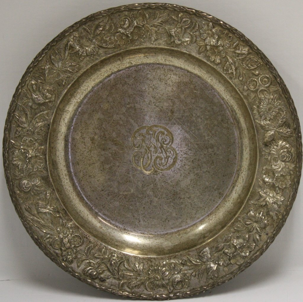 LARGE STERLING SILVER BOWL BY S. KIRK AND SON,: REPOUSSE BORDER, 25.97 TROY OZ. 13" DIAMETER. SCRATCHES AND MONOGRAM.