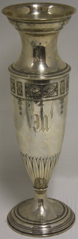 LARGE STERLING SILVER VASE BY SPAULDING,: WEIGHTED BASE. CLASSICAL DESIGN WITH MONOGRAM, 15 1/2" HIGH.