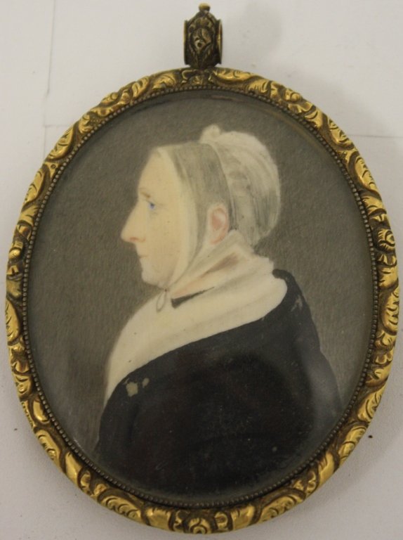 EARLY 19TH C MINIATURE PORTRAIT PAINTING OF WOMAN: WITH A BONNET. IN OVAL GOLD FILLED FRAME. FROM AN OLD DUXBURY, MA FAMILY. 3 1/2" HIGH X 2 1/2" WIDE.