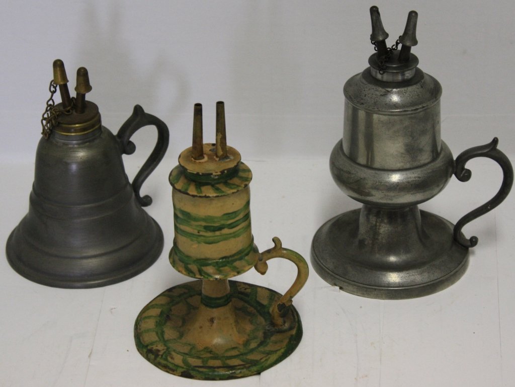 3 PEWTER WHALE OIL LAMPS. 2 WITH CAMPHENE BURNERS: AND ONE WITH PAINTED FINISH, 19TH C. 5 3/4" X 7 1/2".