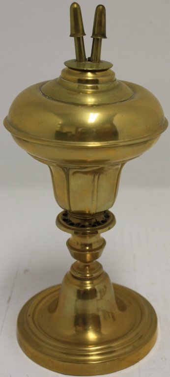 19TH C BRASS WHALE OIL LAMP WITH CAMPHENE BURNER: 9 3/4" HIGH.