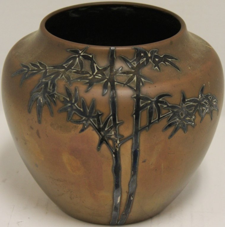 HEINTZ ART METAL COPPER VASE (1906-1930),: BUFFALO, NY, STERLING SILVER OVERLAY, 6" HIGH, SIGNED ON BOTTOM.