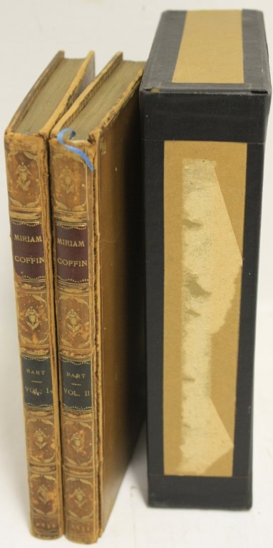 RARE NANTUCKET 2 VOLUME SET, TITLED MIRIAM COFFIN,: OR THE WALE FISHERMAN: A TALE, JOSEPH C. HART, NEW YORK, 1834, FIRST EDITION. 2 VOLUMES, 12 MO, 209 PAGES AND 206 PAGES. REBOUND IN COLORED BROWN LEATHER WITH GOLD DECORATIONS. TEXT IS TIGHT AND CLEAN