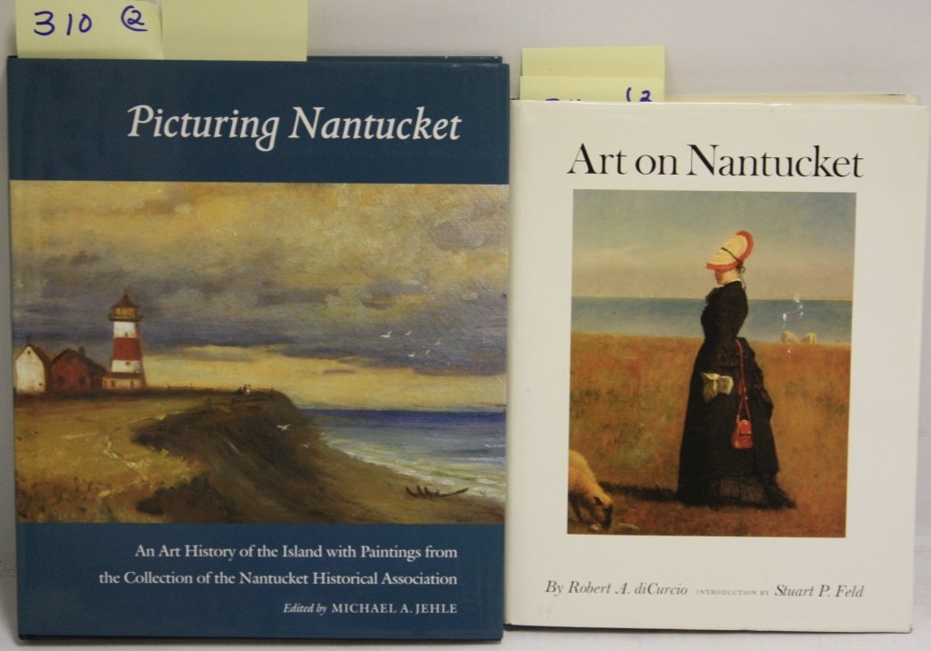 2 NANTUCKET BOOKS. ONE TITLED ART ON NANTUCKET: BY ROBERT A. CURCIO WITH INTRODUCTION BY STUART P. FELD, LIMITED EDITION #1055/2000. PUBLISHED BY NANTUCKET HISTORICAL ASSOCIATION, 1982. 269 PAGES. ORIGINAL DUST JACKET. 11" X 8 1/2". THE OTHER TITLE
