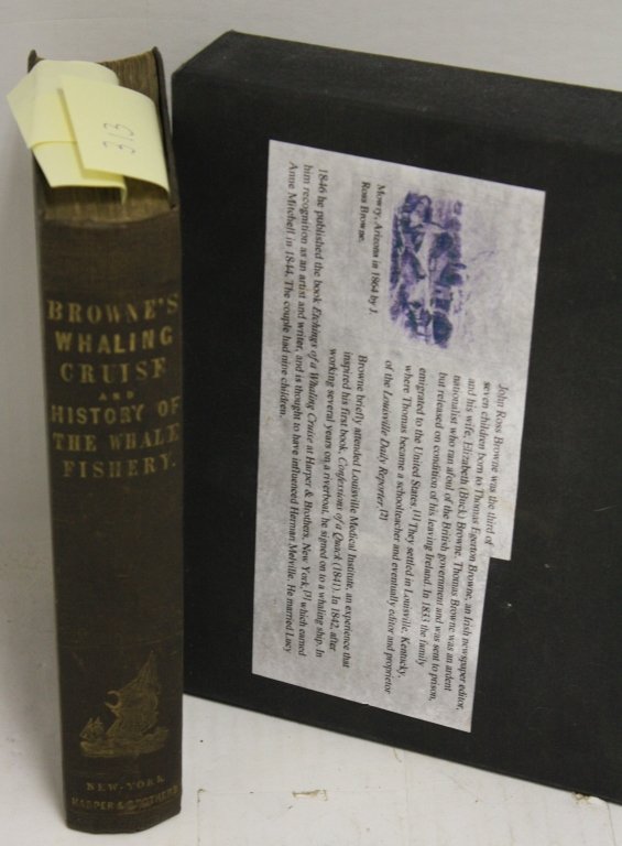 19TH C BOOK TITLED ETCHINGS OF A WHALING CRUISE: BY JOHN ROSS BROWNE. HE WAS THE THIRD OF SEVEN CHILDREN BORN TO THOMAS EGERTON BROWNE, AN IRISH NEWSPAPER EDITOR. THOMAS BROWNE WAS A NATIONALIST WHO RAN AFOUL OF THE BRITISH GOVERNMENT AND WAS SENT T