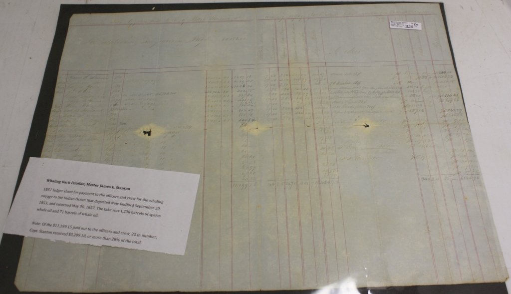 ELEVEN 19TH C HAND WRITTEN DOCUMENTS RELATED: TO WHALING AND THE SHIPPING INDUSTRY IN NEW BEDFORD AND MASSACHUSETTS. ONE IS FRAMED. FIRST IS A JULY 3, 1877 MANUSCRIPT LIST OF WHALES SEEN AND TAKEN BY THE WHALING BARK PIONEER OF NEW BEDFORD, 851 B