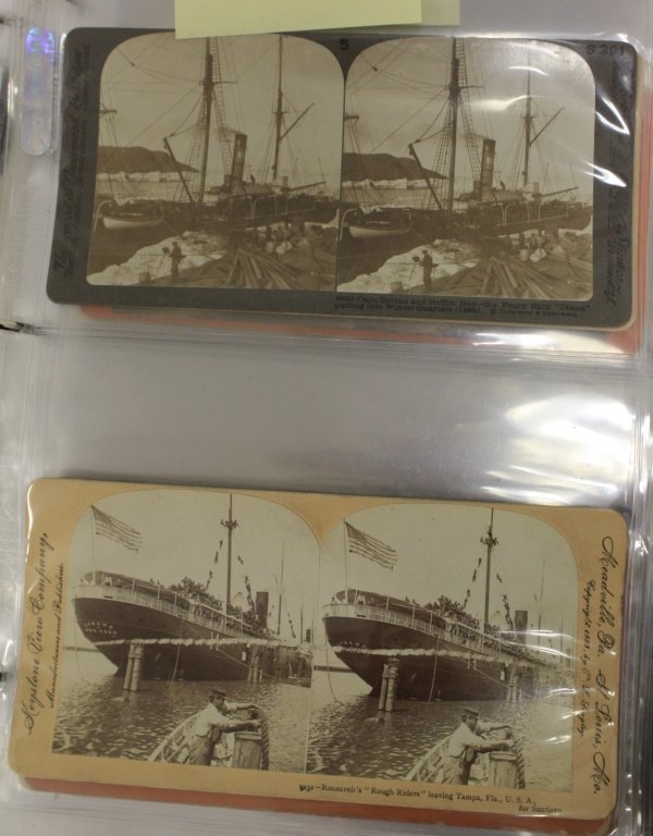 ALBUM CONTAINING MARINE EPHEMERA, APPROX 46 PCS.: INCLUDING 19 STEREO VIEWS INCLUDING TEDDY ROOSEVELT'S ROUGH RIDERS LEAVING TAMPA. MARTHA'S VINEYARD AND FALL RIVER LINE FERRIES, SAILORS MAGAZINES FROM 1841, GREAT PHOTOS, ETC. FROM IPPOLITO COLLECTIO