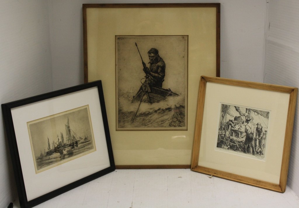 3 ETCHINGS, EARLY 20TH C TO INCLUDE GEORGE: CANNING WALES (1868-1940, BOSTON), ENTITLED FISH DAY, 6" X 9 3/4", SIGNED LOWER RIGHT. ETCHING BY GEORGE GALE (1893-1951, RHODE ISLAND), TITLED WHALEMAN WITH HARPOON, 12 1/2" X 9 1/4", SIGNED LOWER RI