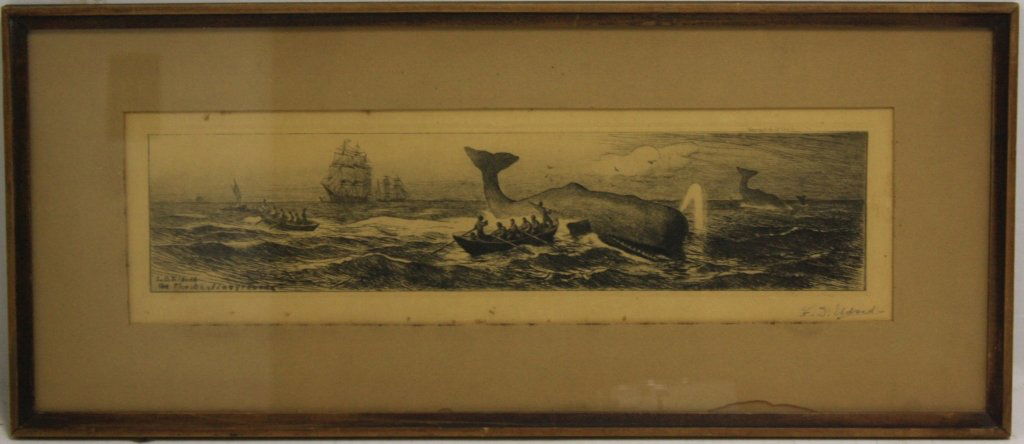LEMUEL D. ELDRED (1848-1921, FAIRHAVEN ARTIST),: ETCHING TITLED THE WHALING GROUNDS, SIGNED LOWER RIGHT IN PENCIL AND IN THE PLATE. 4 1/2" X 15 1/2". FRAMED. FROM IPPOLITO COLLECTION.