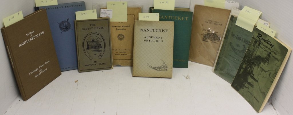 9 BOOKS AND PAMPHLETS RELATED TO NANTUCKET TO: INCLUDE A 1896 NANTUCKET ANNUAL REPORT. 95% PERFECT, THE OLDER RESIDENCES AT NANTUCKET, 1937. THE OLDEST HOUSE, 1911. 1931 PROCEEDINGS OF THE NANTUCKET HISTORICAL ASSOCIATION, 1931. NANTUCKET ARGUMENT