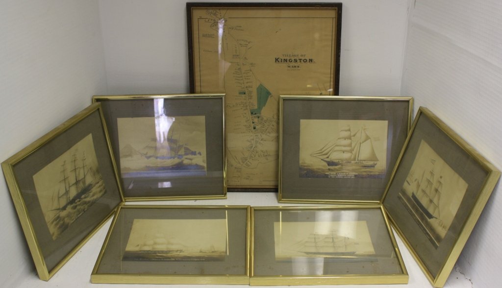 6 EARLY 20TH C MOUNTED PHOTOGRAPHS, 19TH C SHIPS: BUILT IN KINGSTON, MASS AND A LATE 19TH C MAP OF KINGSTON, MASS. ALL ARE FRAMED. MAP IS 17" X 12 3/4". PHOTOS ARE APPROX. 9 1/2" X 11 1/2" AND SHOW THE SHIPS ANN & MARY, STAFFORD, LEODES, BRIG HELEN, 