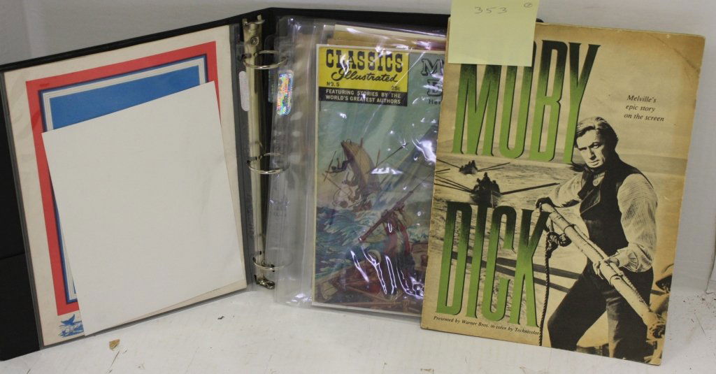 BINDER CONTAINING WHALING ITEMS TO INCLUDE: TIME MAGAZINE OFFICIAL PROGRAM FOR MOBY DICK. CLASSIC COMIC MOBY DICK. TWO CLASSIC COMICS FOR TYPEE. DELL THE NATURE OF THINGS. WARNER BROS. MOBY DICK COMIC. COVER IS DAMAGED. PROGRAM - MOBY DICK. FRO