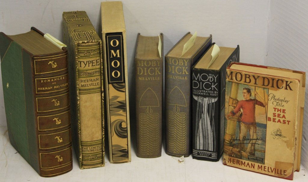 7 BOOKS BY HERMAN MELVILLE TO INCLUDE ROMANCES: OF HERMAN MELVILLE, 1928, LEATHER BOUND, GOOD CONDITION. MOBY DICK, 1930, ILLUSTRATED BY ROCKWELL KENT. MOBY DICK PHOTOPLAY TITLED THE SEA BLAST, 1925, NICE DUST JACKET, SHOWS REPAIR. TYPEE, LIMITED E