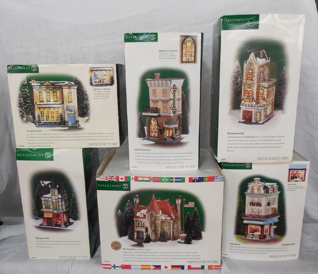 Lot of 6 Dept 56 Chirstmas in the City Ceramic Village: lot of 6 Dept 56 buildings from the Christmas in the City series: "Chez Mont", "The Consulate", "Foster Pharmacy", "5th Avenue Salon", "Wintergarten Café", "The University Club", all with original bo