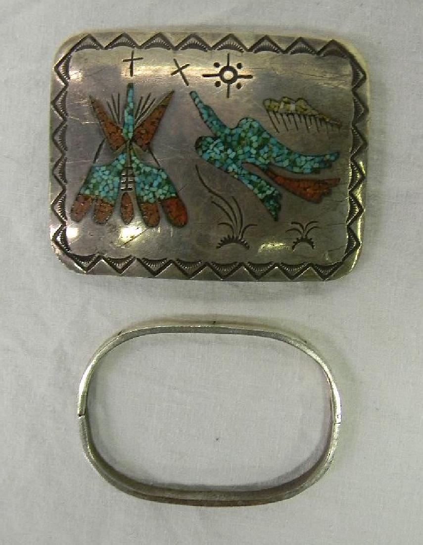 JJ Wilson Sterling Silver Navajo Belt Buckle & Old Pawn: Sterling silver belt buckle with turquoise & coral teepee & bird motif - signed J.J. Wilson - 2 1/4" x 3", Old pawn sterling silver hinged bangle bracelet signed Mexico TB 94 925 - 2 1/2"w
