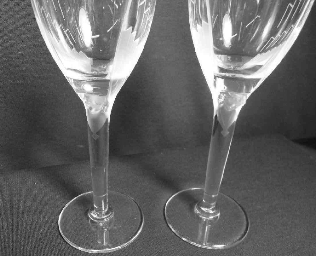 Pair Lalique Angel Wing Crystal Wine Glasses Goblets: signed Lalique France, crystal stemware with frosted angel faces & etched wings, 8" tall