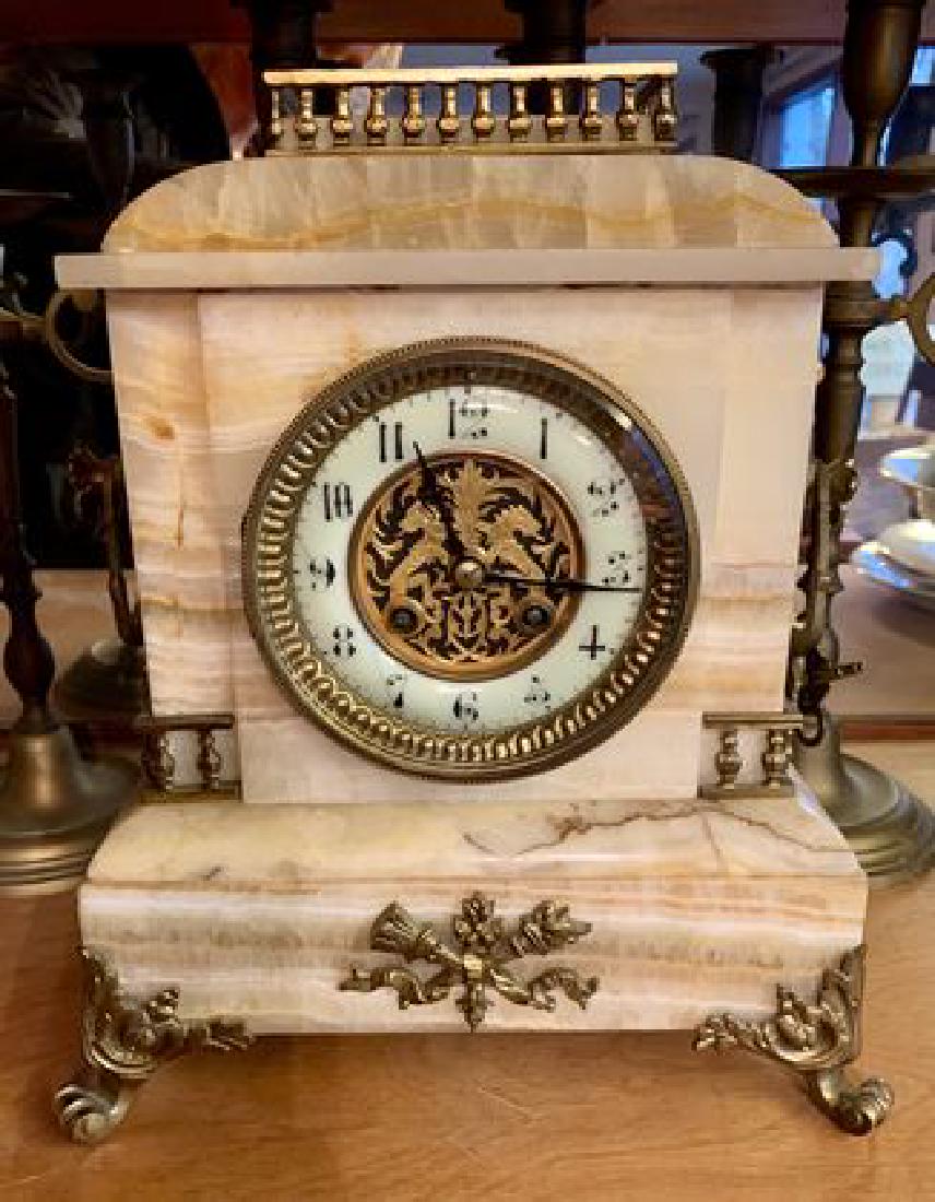 French Alabaster Mantle Clock Ormalu Mounts: French Alabaster Mantle Clock Ormalu Mounts, 11 1/2"h x 9"w