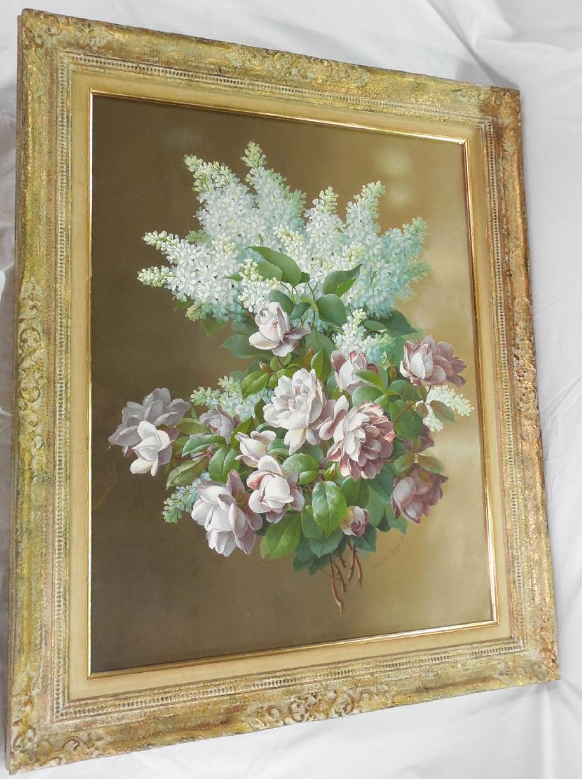 Raoul M. De Longpre Orignal Painting Floral Lilac Roses: Raoul Maucherat De Longpre, untitled floral still life pink roses & lilacs, 28" x 22", signed lower right "Raoul M. De Longpre Fil