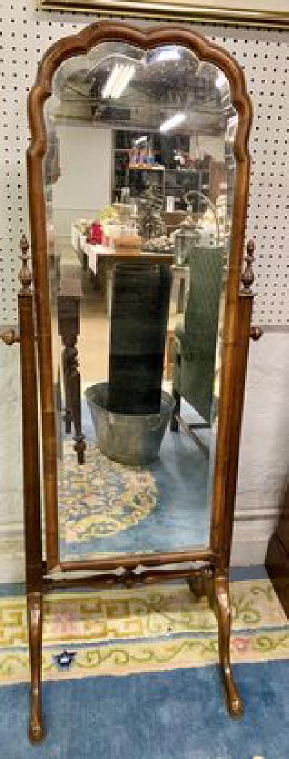 Antique Burl Walnut Veneer Cheval Mirror Beveled: Antique Burl Walnut Veneer Cheval Mirror, scalloped crest, beveled looking glass, turn swivels terminating on pad feet, 59" x 22"