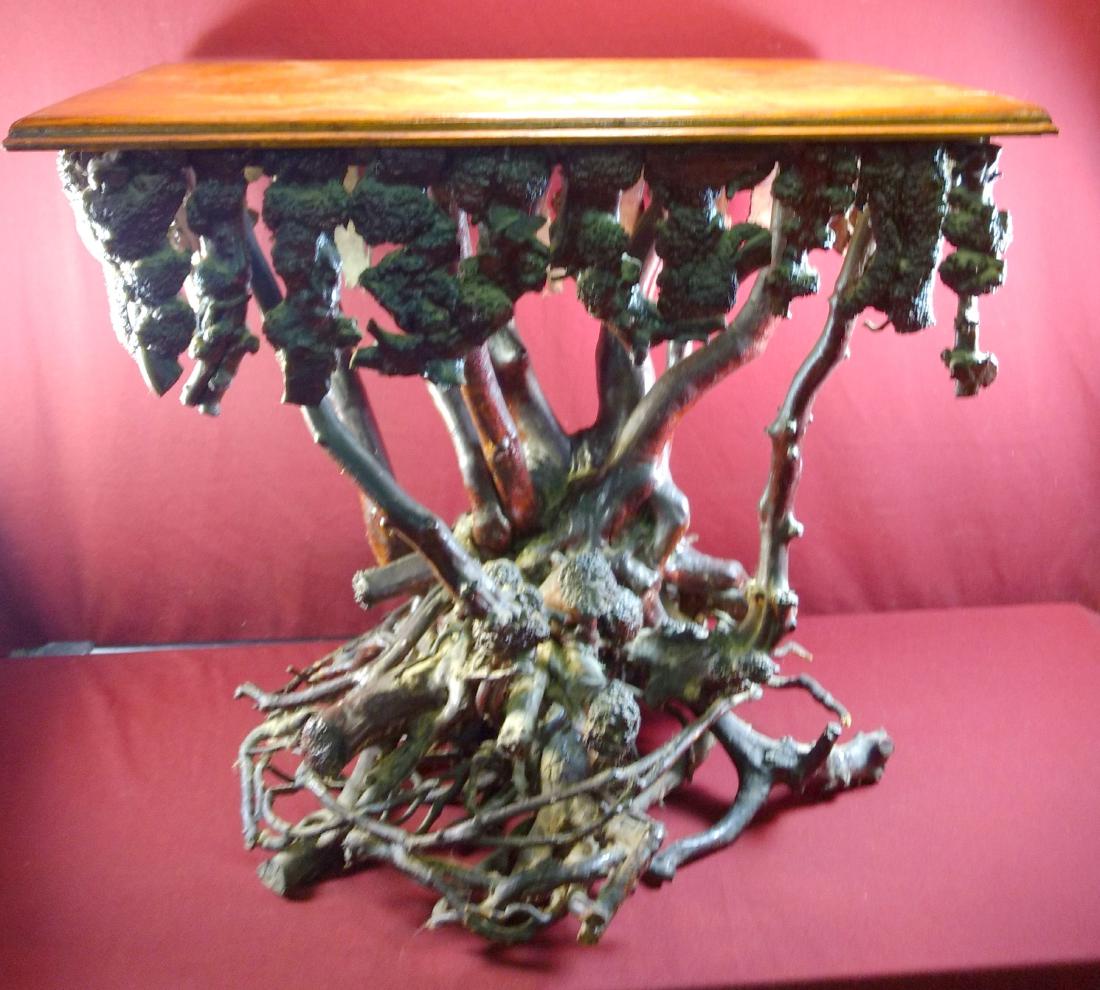 Adirondak Tangled Twig & Root Base Parlour Table: Antiqud Adirondak tangled twig and root base parlour table, oblong oak top, 28"h x 31"w x 21"d