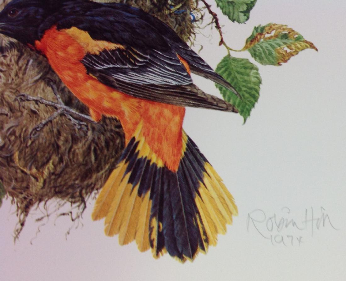 Robin Hill "Birds" Lithographic Portfolio Franklin Mint: 5 prints including the Great blue heron, horned owl, wood duck, red bellied woodpecker, Baltimore oriole, each lithograph print is hand signed in pencil, 1974, published by Franklin press, 22" x 16" (