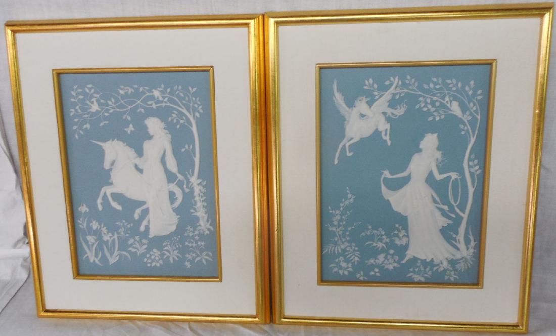 Parian Porcelain Lady & Unicorn, Athena & Pegasus: George McMonigle, pair of framed parian porcelain sculptures, 11 1/2" x 8 /2", both have COA on reverse, "Athena & Pegasus" & "The Lady and The Unicorn", From the Franklin Mint Archives