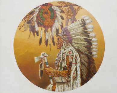 Paul Calle Original Oil Painting Chief Wolf Plume: Paul Calle, "Chief Wolf Plume", oil on masonite, 14", original oil painting of Blackfoot Indian Chief Wolf Plume that was used for creating a porcelain collector plate, signed on overlay, from the Fra