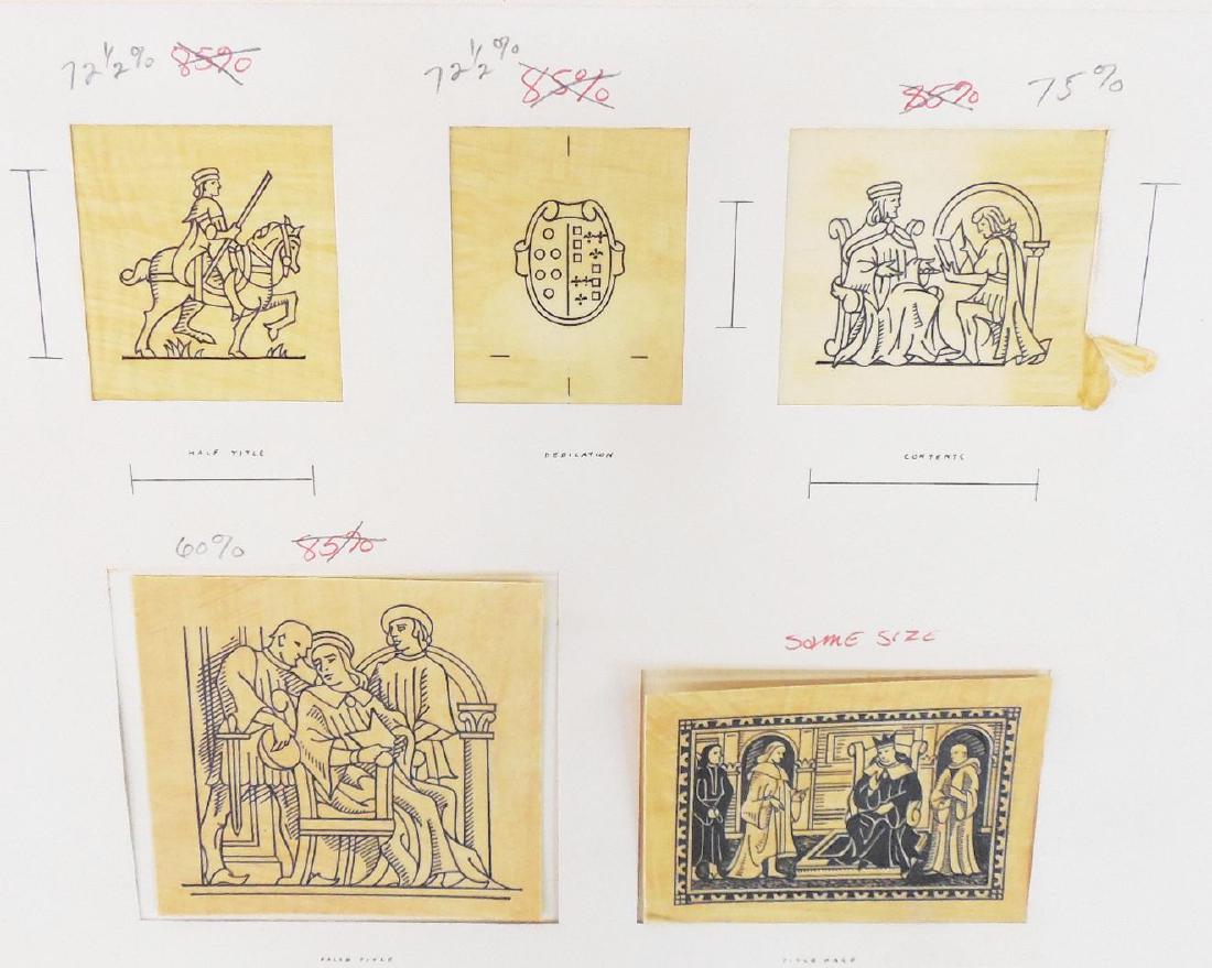 31 Quentin Fiore Original Illustrations The Prince: Quentin Fiore, 31 small illustration on 8 boards, pen & ink, most are 2" x 3 1/2", original artwork used to illustrate the Franklin Library book "The Prince" by Machiavelli, from the Franklin Mint col