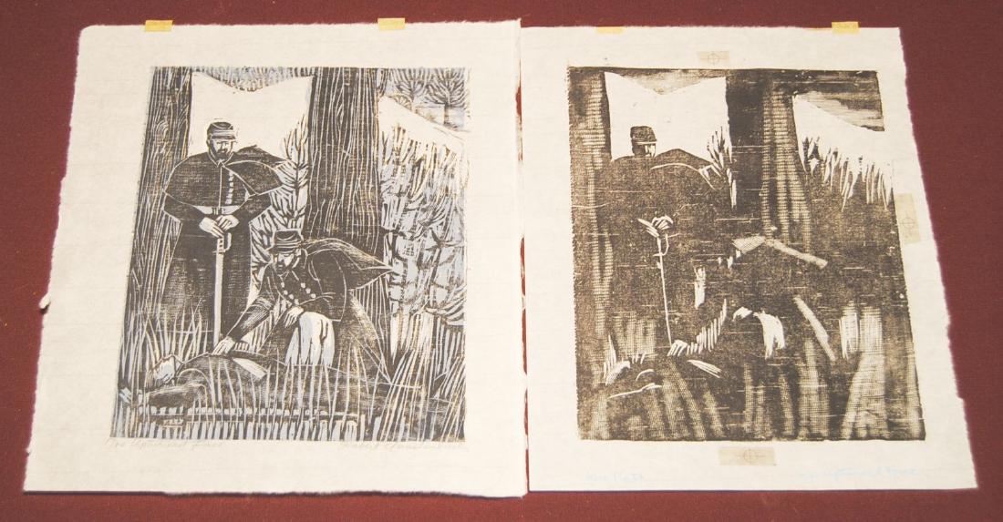 6 Robert Quackenbush Triple Wood Block Illustrations: Robert Quackenbush, 6 triple illustrations each including a black plate, blue plate & dual color plate ("The Open Boat", "The Bride Comes To Yellow Sky", "The Price of a Harness", "The Trial, Executio