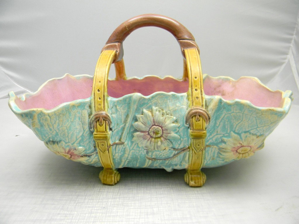 Cabbage Leaf and Daisy Basket with Luggage Strap H: Cabbage Leaf and Daisy Basket with Luggage Strap Handles (as repaired) 12 1/2"