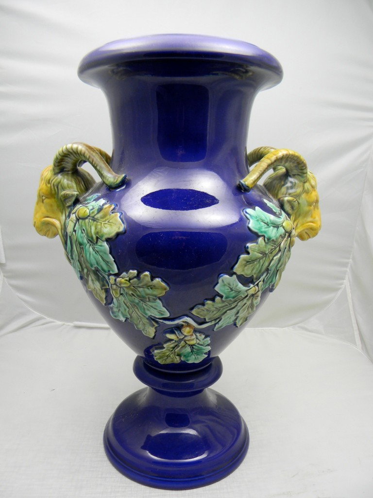 Cobalt English Majolica Ram's Head Vase Minton 19": Cobalt English Majolica Ram's Head Vase Minton 19"