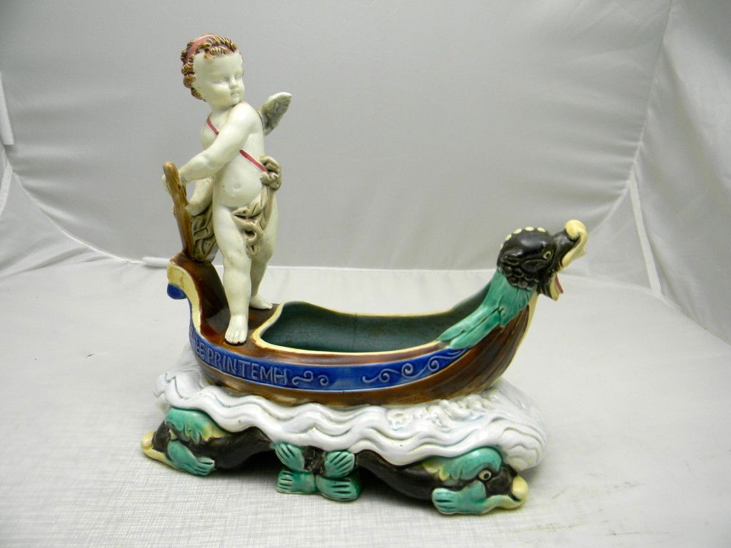 Russian Antique Cherub Majolica Palissy Primavera: Russian Antique Cherub Majolica Palissy Primavera Serpentine Gondola Centerpiece 10 1/2" H
